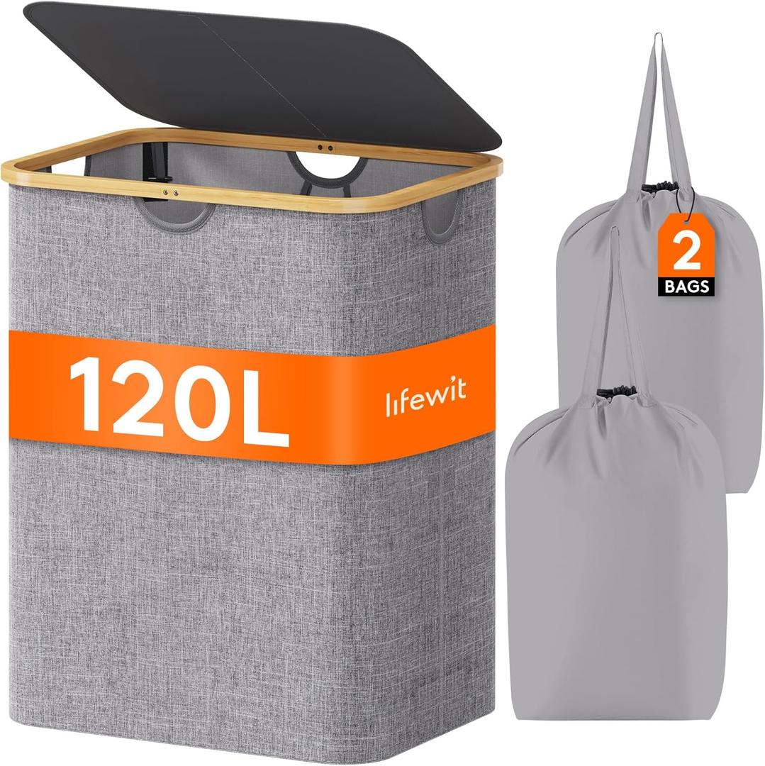Lifewit 120L Laundry Basket with Lid, Clothes Hampers with Bamboo Handles and A Removable Bag, Large Foldable Laundry Hamper for Bedroom, Bathroom, Dorm, Light Gray