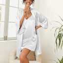 Ekouaer Women's Silk Robe Set V-neck 2 Piece Bridal Party Robes and Satin Bathrobe Set with Pockets (White, L)