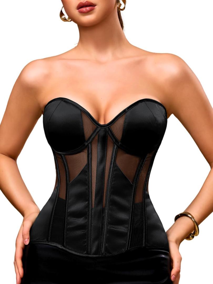 ChiaoLezhee Women's Classic & Elegant Satin Corsets, Adjustable Lace-Up Fit Sizes 00-18, Underwire Padded Boned Corset Top (Black, M)