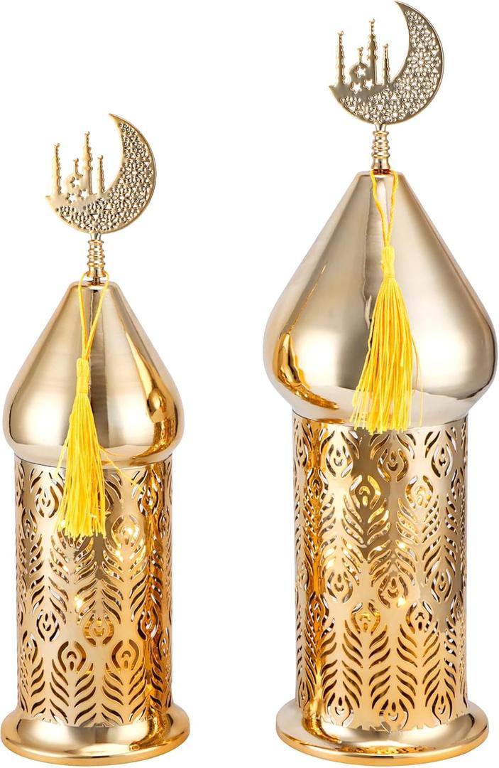 TRIROCKS Ramadan Lanterns Set of 2 14" &12" Gold Electric Candle Holders with Timer, Metal Decorative Vintage Lanterns for Indoor/Outdoor Decor, Perfect EID Mubarak Gift