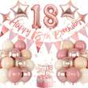 18th Birthday Decorations for Girls, Retro Pink Nude Number 18 Balloon Set Happy 18th Birthday Banner Cake Topper Dusty Pink Beige Rosegold Star Balloons for Boho 18 Year Old Bday Party Decor