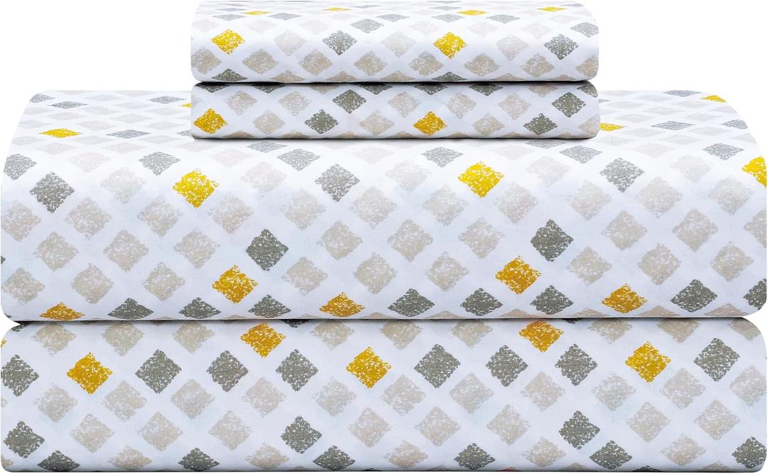Feather & Stitch Softest 100% Cotton Sheets, 300 Thread Count Percale Weave Bedding, 16" Deep Pocket, Cooling Sheets, Breathable Bed Set, Hotel Premium Quality (Full, Yellow Diamond)