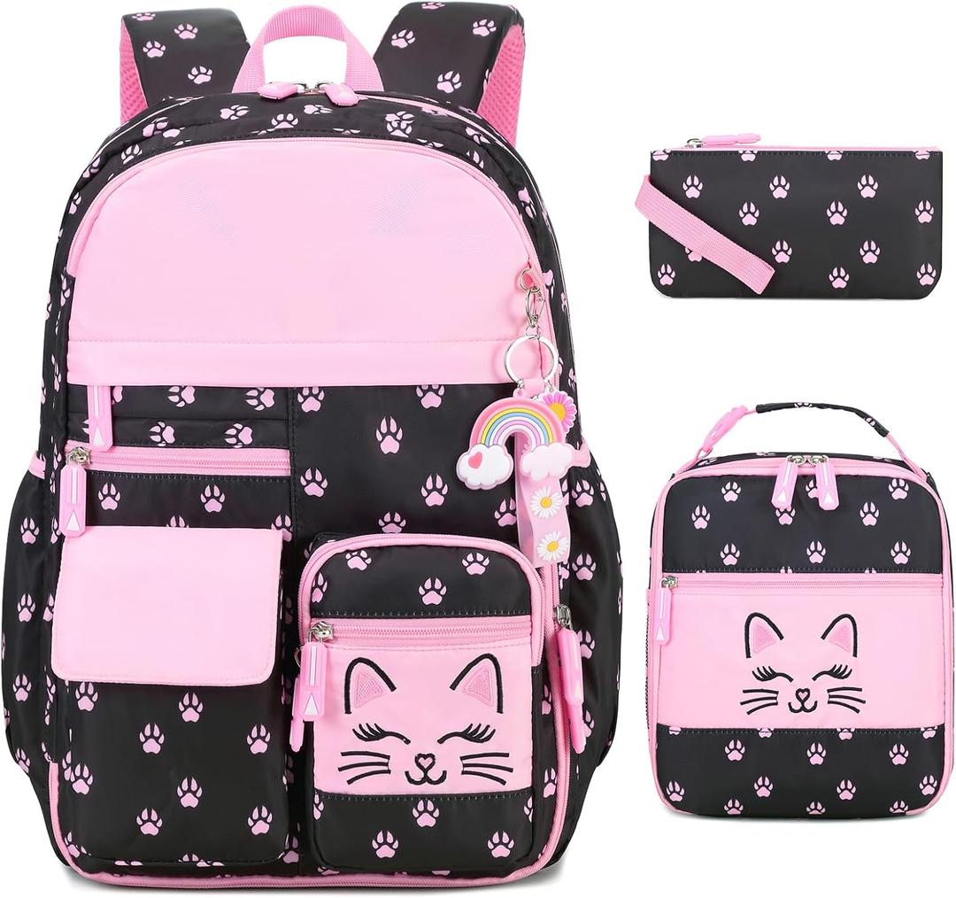 Girls Backpack, Cute Cat School Backpacks for Girls with Insulated Lunch Box Pen Case Set, Kids Backpack Kindergarten Elementary Middle School Book Bag for Teen Girl Children Students (Black Pink)