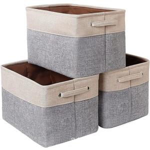 Valcatch Collapsible Storage Bins, Foldable Cotton Linen Fabric Storage Basket Box with Handles Cube Storage Bins Without Lid for Organizing Towels Blankets Collapsible (Black Border and Gray Background), 4 Pack