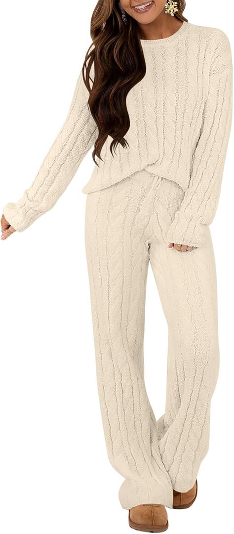 ANRABESS Women's Fuzzy Fleece Pajama Set 2 Piece Outfits Lounge Knit Oversized Sweater Pj Sets 2025 Fall Winter Loungewear (Beige), S ANRABESS Women's Fuzzy Fleece Pajama Set 2 Piece Outfits Lounge Knit Oversized Sweater Pj Sets 2025 Fall Winter Loungewear (Beige), S