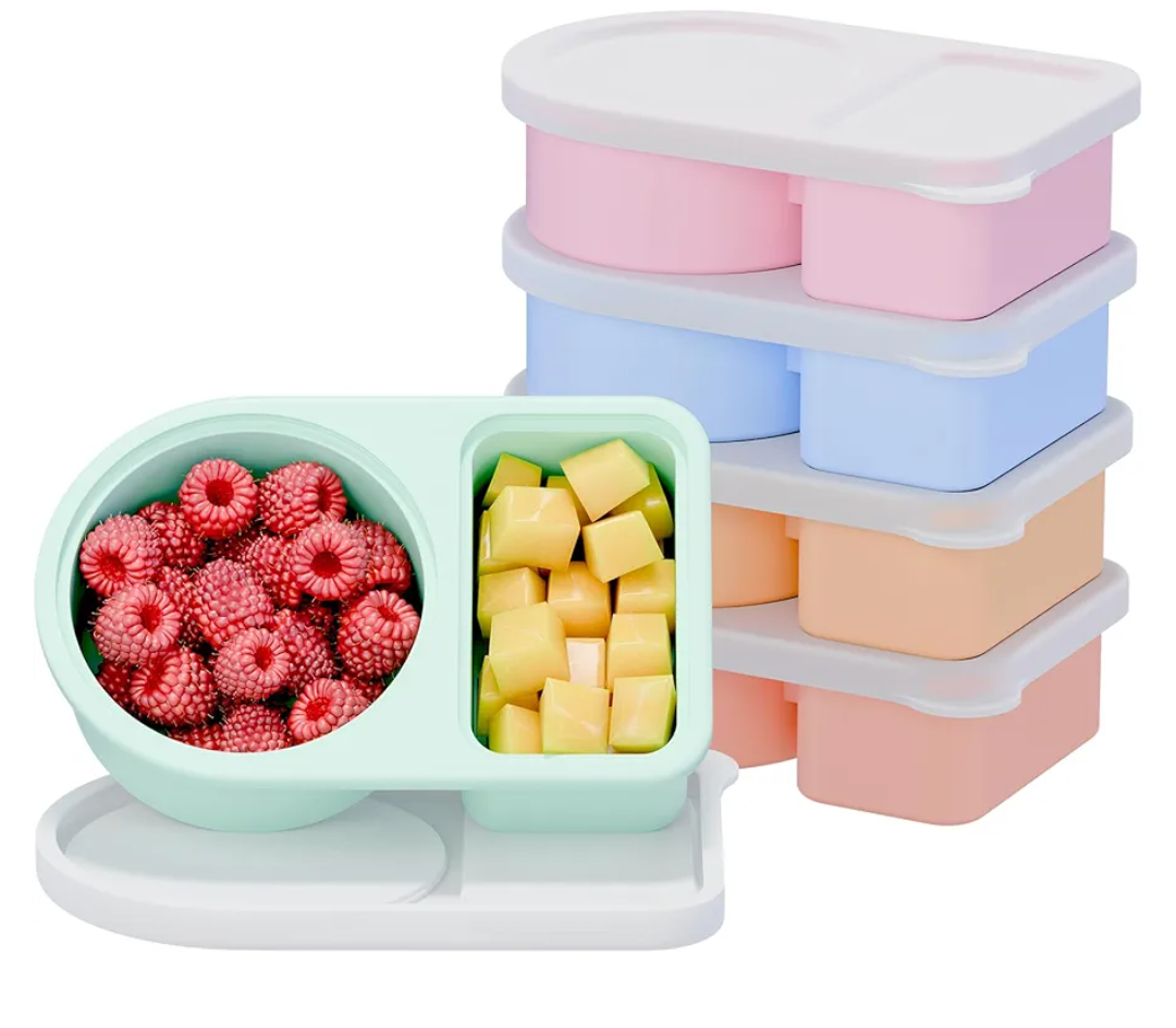 5 Pack Silicone Snack Containers, 2 Compartments Reusable Snackle Box with Lids, 8 oz, Rainbow