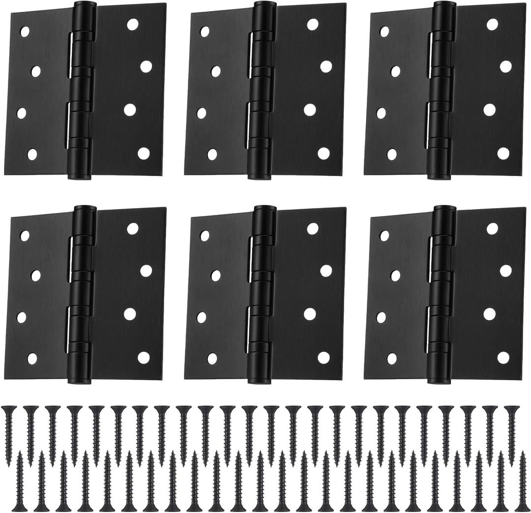 6 Pcs 4'' Ball Bearing Door Hinges Stainless Steel Heavy Duty Hinges 4 x 4 Inch Exterior Door Hinges with Square Corners (Black)