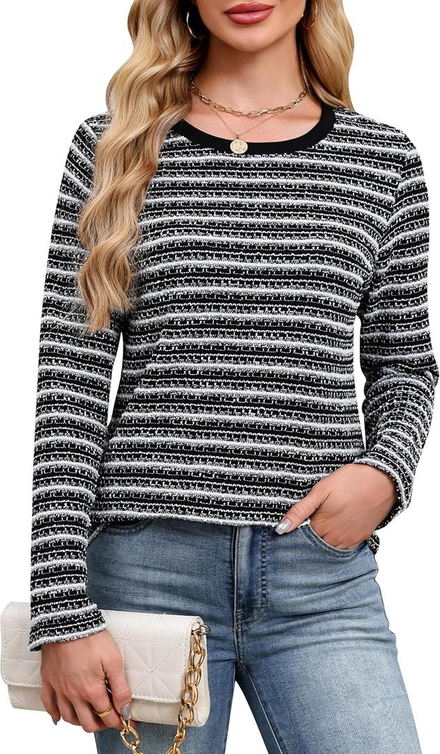 Blooming Jelly Womens Tops Striped Shimmer Long Sleeve Shirts Tweed T Shirt Dressy Casual Business 2026 Spring (XL)