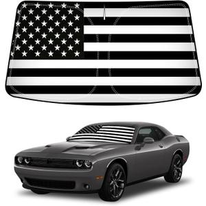 D-Lumina Winshield Sun Shade with USA Flag for 2015-2023 Dodge Challenger, Foldable Front Sun Shield Protector Blocks UV Rays, Window Sunshade Sun Visor Interior Accessories