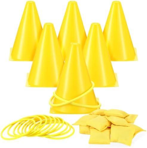 Leitee Only29 Pcs 3 in 1 Carnival Outdoor Games Combo Set, Plastic Cones Ring Toss Games Includes 6 Plastic Buckets, 12 Rings, 12 Sandbags Gift for Birthday Christmas Party