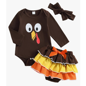 Sasaerucure Newborn Baby Girl Thanksgiving Outfit Turkey Printed Long Sleeve Romper Bodysuit Skirt Headband 3PCS Clothes Set 6-12