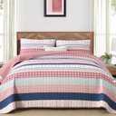 DJY Striped King Size Quilt Set, Pink Boho Bedspread Coverlet Set with 2 Pillowcases, 3 Pieces Soft Lightweight Microfiber Patchwork Quilt Bedding Set for All Season (104"x90")