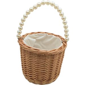 Rustic Wicker Rattan Wedding Flower Girl Baskets,Woven Rattan Storage Basket with Pearl Handles,Woven Eggs Candy Basket for Wedding Home Garden Decor (B)