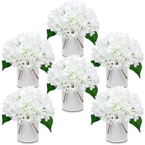Flower Table Centerpieces - Set of 6 Floral Arrangement Artificial Wedding Hydrangeas Floral Arrangement with Rustic Metal Vase for Bridal Tea Party Event Decorations - Ivory White