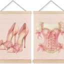 CIOJUNE Preppy Pink Bow High Heels Dress Girly Wall Art Poster Hanger Frame, Coquette Pink Canvas Prints Wall Art for Girls Bedroom Dorm Decor, Coquette Room Decor, 12x16 Inch Set of 2