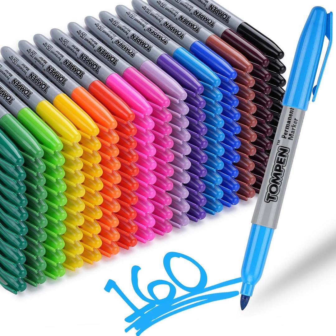 Permanent Markers,Fine Tip,160 Pack Bulk,16 Assorted Multicolor Colors,Waterproof Permanent Marker with Quick Drying on Wood,Plastic,Paper,Metal for Gift Office School Classroom