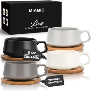 MIAMIO 11 Oz., Set of 4 Ceramic Tea Cup and Saucer Bamboo/Tea Mug - Wide Cappuccino Cup, Coffee Cups Ceramic Mug for Cappuccino, Latte, Espresso & Americano - Luxe Collection (Classic Pastel)