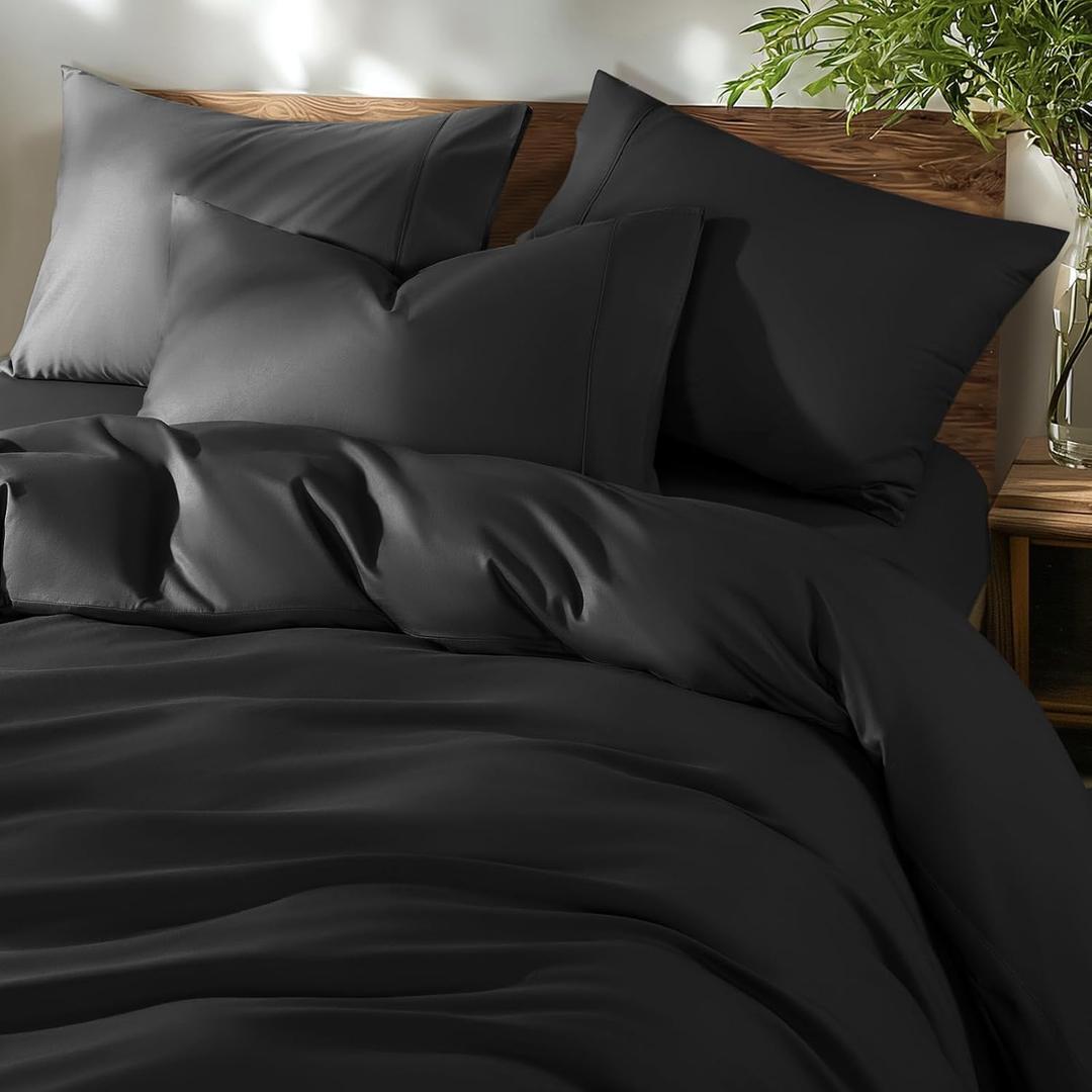 Shilucheng 100% Cotton Queen Size Duvet Covers - 600 Thread Count, Luxury Sateen Weave Egyptian Cotton Comforter Cover with Zipper Closure & Corner TiesHotel Bedding Duvet Covers 3 Piece (Black)