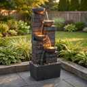 33.5 Inch Water Fountain 4-Tier Cascading Bowls with LED Lights, Indoor Outdoor Decorative Floor Standing Resin Waterfall for Patio Garden Porch Backyard Home Décor, Dark Gray