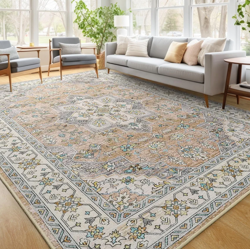 FlyDOIT Vintage Washable Area Rug, 5x8 Beige Floral Medallion Rugs for Living Room, Ultra Soft Accent Bedroom Rug, Indoor Non-Slip Low-Pile Throw Carpet for Entryway Dorm Kitchen Dining Room Decor