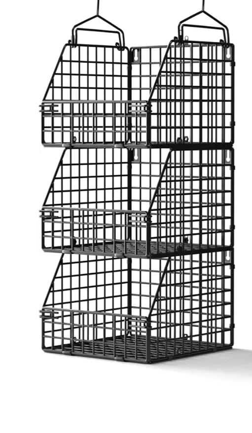 Larger & Deeper Hanging Storage Basket, Closet Organizers and Storage, Hanging Shelves Wire Baskets for Clothing Sweaters Purse Handbags Shoes Black 3 Tier