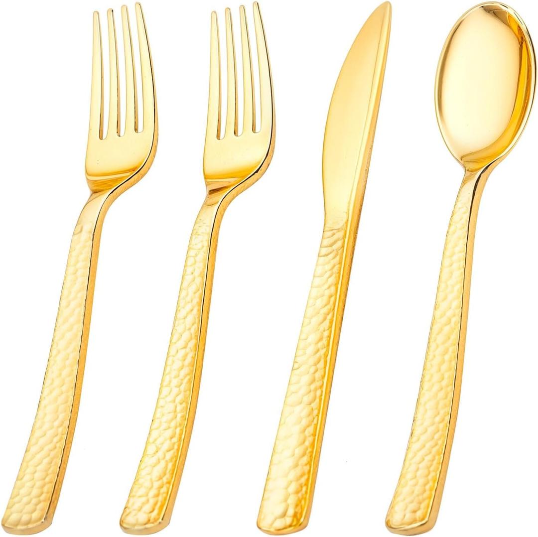 KIRE 400PCS Gold Plastic Silverware - Extra Heavy Duty Hammered Silverware Disposable Set, Gold Utensils Set Include 200 Forks,100 Knives,100 Spoons for Party/Wedding/Father's Day