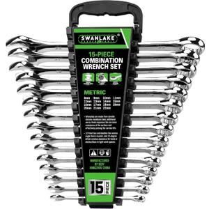 SWANLAKE 15-Piece Metric Combination Wrench Set, 12-Point Max Torque Open End Wrench Set, Cr-V Steel Wrenches 8, 9, 10, 11, 12, 13, 14, 15, 16, 17, 18, 19, 20, 21, 22mm with Storage Rack