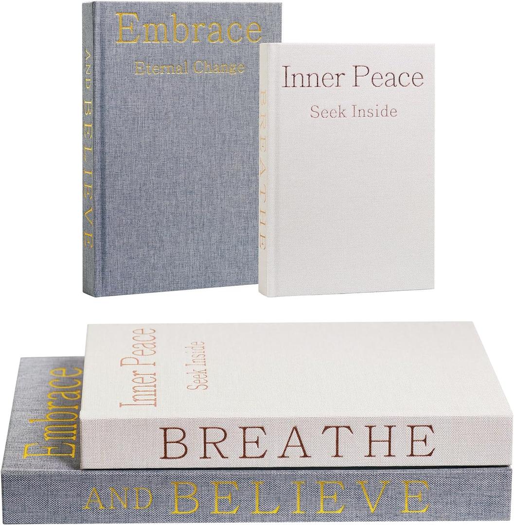 Real Pages Decorative Books Genuine Linen Gold Copper Foiling Engraved Books for Aesthetic Decoration Home Decor Bookshelf Coffee Table Bedside Table Mantle Decor, Set of 2 Faux/Fake Books