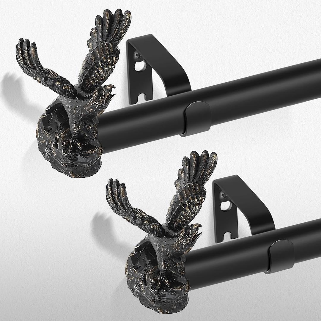 Black Decorative Curtain Rods for Windows:18-45 Inch Adjustable Farmhouse Curtain Rod for Bedroom Living Room,Heavy Duty Rustic Drapery Rods with Eagle Finials Easy Install,Matte Black 2 Pack