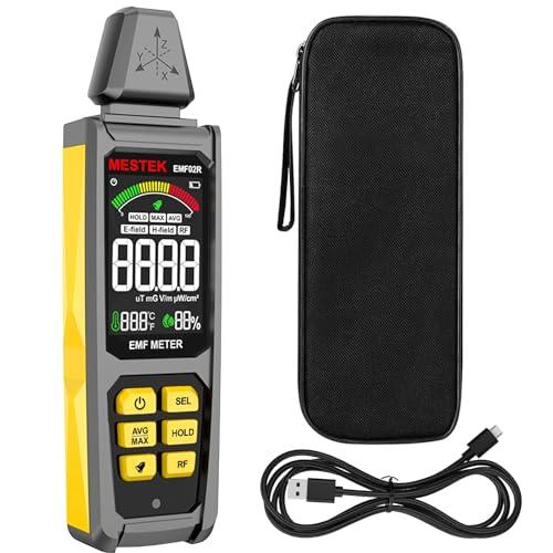 EMF Detector, MESTEK 5 in 1 EMF Meter Radiation Detector, Electric Field, Radio Frequency Field Temperature, Magnetic Field Strength Meter, Rechargeable EMF Reader Home EMF Detection and Ghost Hunting (Yellow)