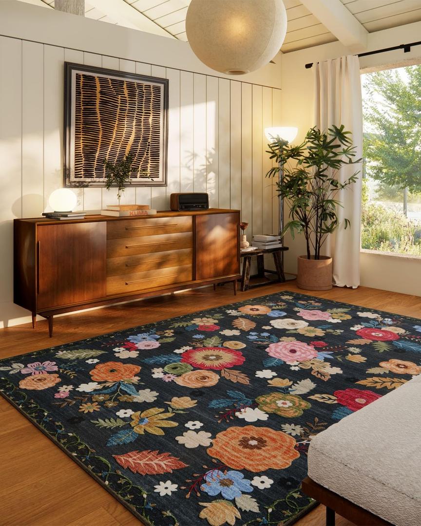 9x12 Area Rugs for Living Room: Washable Rug Stain Resistant Distressed Vintage Floral Rug Non Slip Low Pile Faux Wool Soft Large Area Rug for Bedroom Bedside Farmhouse Nursery Kitchen Dining Room