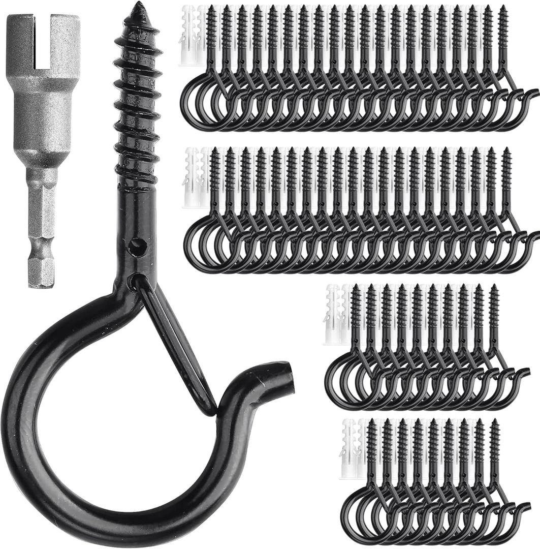 PlusRoc 60 Pack Ceiling Hooks for Hanging Plants Outdoor String Lights Heavy Duty, 2.2 Inch Eye Hook Screw in Cup Hooks Q-Hanger for Patio Lights, Wall Wood Fence Deck Mount(Black)