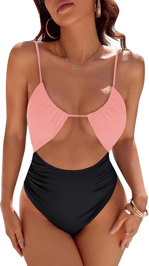 Blooming Jelly Women's One Piece Swimsuit Tummy Control Bathing Suit Sexy Flattering Cheeky High Cut Out Cute Ladies Swimwear (Light Pink & Black) XL Blooming Jelly Women's One Piece Swimsuit Tummy Control Bathing Suit Sexy Flattering Cheeky High Cut Out Cute Ladies Swimwear (Light Pink & Black) XL