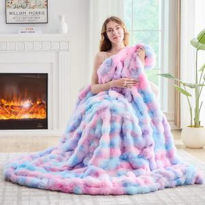 Lotus Karen Faux Fur Throw Blanket Tie-Dye Purple Rainbow - Big Bubble Rabbit Fluff Blanket for Couch, Large Fluffy Fuzzy Cozy Blanket,Thick Furry Plush Shaggy Blankets, 108x90 Inches