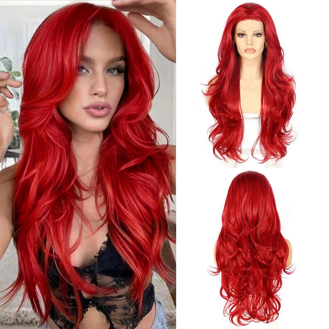 Red Lace Front Wig 13x3 Hot Red Body Wave Synthetic wig for Women Pre Plucked 24 Inch Long Wavy Heat Resistant Hair 150% Density