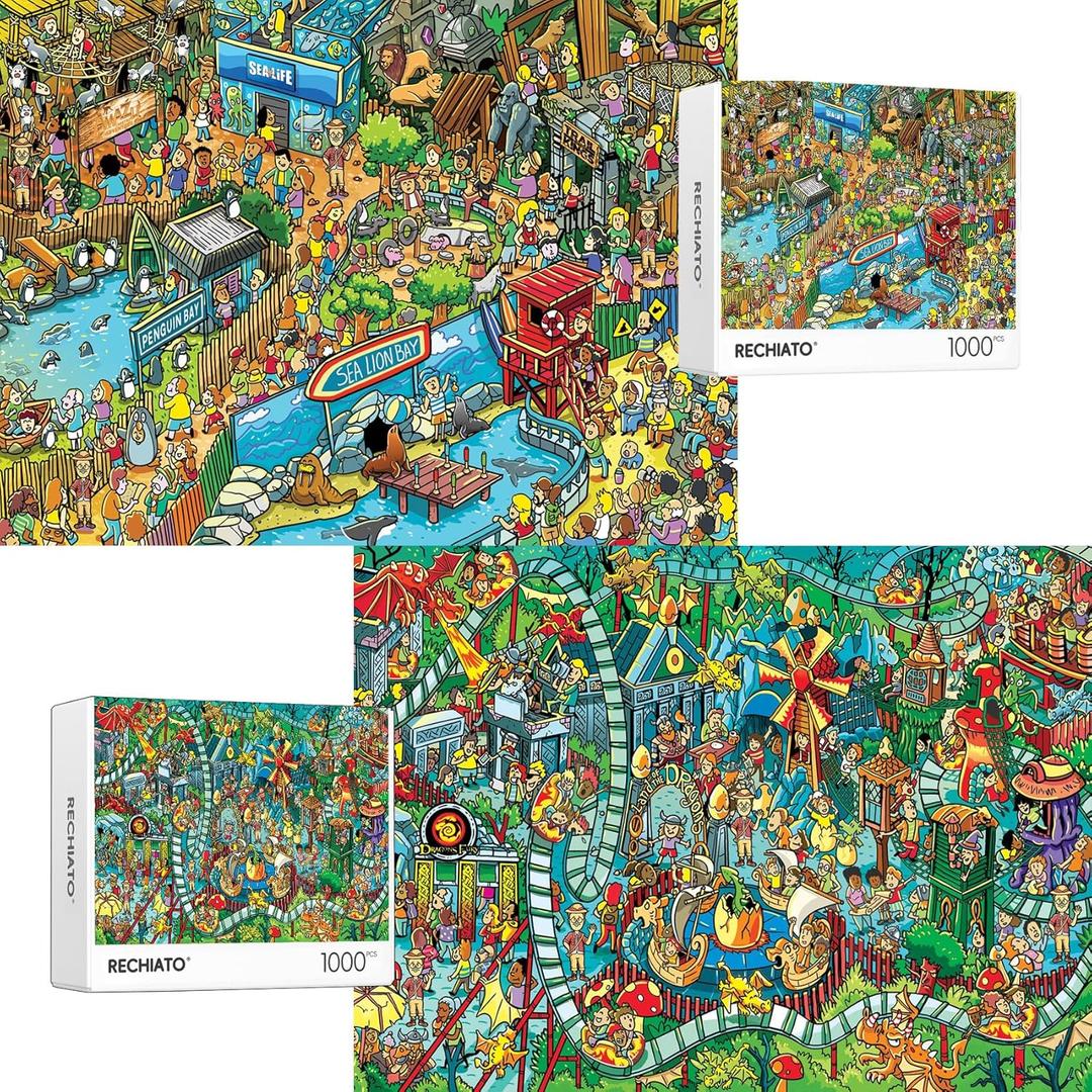 Jigsaw Puzzles for Adults, 2 Pack 1000 Pieces Ocean Park Dinosaur Park Puzzle, Cartoon Painting Challenging Puzzles for Family Activity Game Nights Gifts Fidget Stress Relief