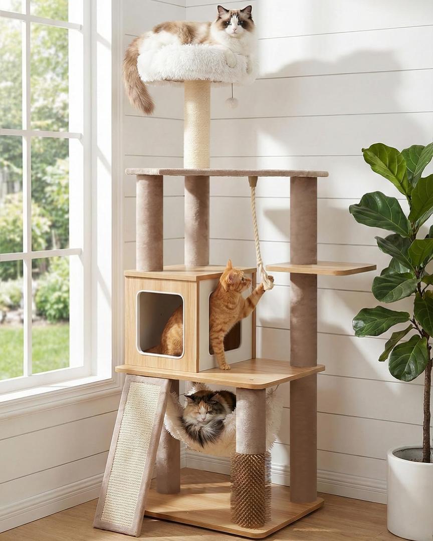 61" Modern Cat Tree Tower for Indoor Cats, Luxury Climbing Tower with Plush Lounge, Kitty Condos, Hammock & Scratching Posts, Classic Cat Furniture (Natural)