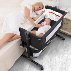 MMBABY Baby Bassinet Bedside Sleeper Bedside Crib Easy Folding Portable Crib 3 in 1 Travel Baby Bed with Adjustable Height,Breathable Net,Large Storage Bag and Mattress