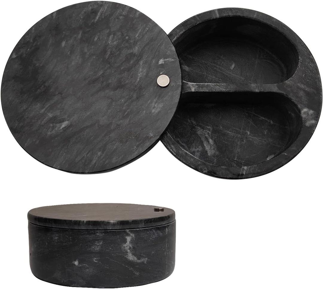 Salt and Pepper Bowl/Dual Compartment Cellar with Swivel Top for Salt, Spice and Herbs Storage (Black)