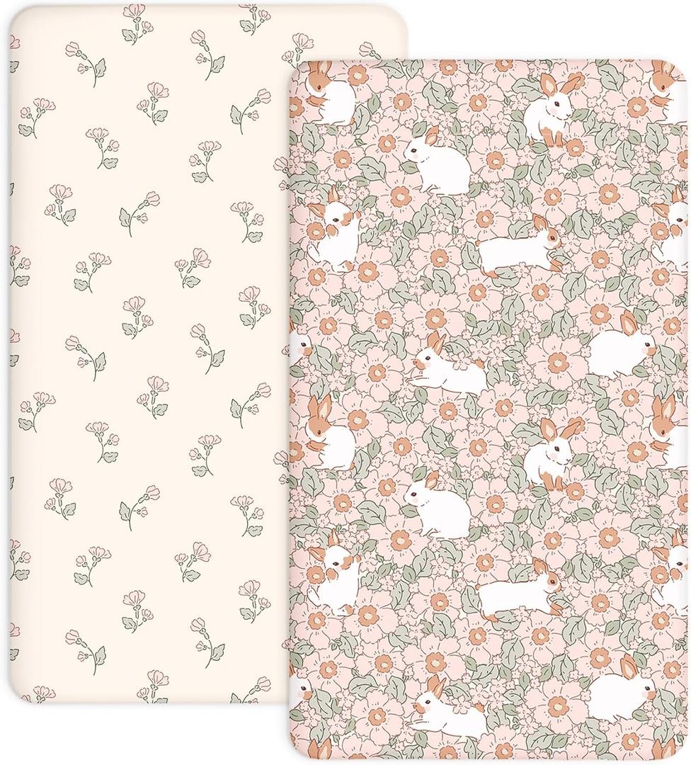 Pack and Play Sheets 2 Pack, Fitted Jersey Knit Mini Crib Sheets for Baby Boys and Girls, Compatible with Graco Pack N Play and Mini Crib Mattress (Bunny Garden, Pack N Play/Mini Crib Sheets)