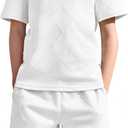 Haloumoning Boys 2 Piece Summer Outfits Short Sleeve Tshirts and Elastic Waist Shorts Casual Texture Sets (White, 9-10y)