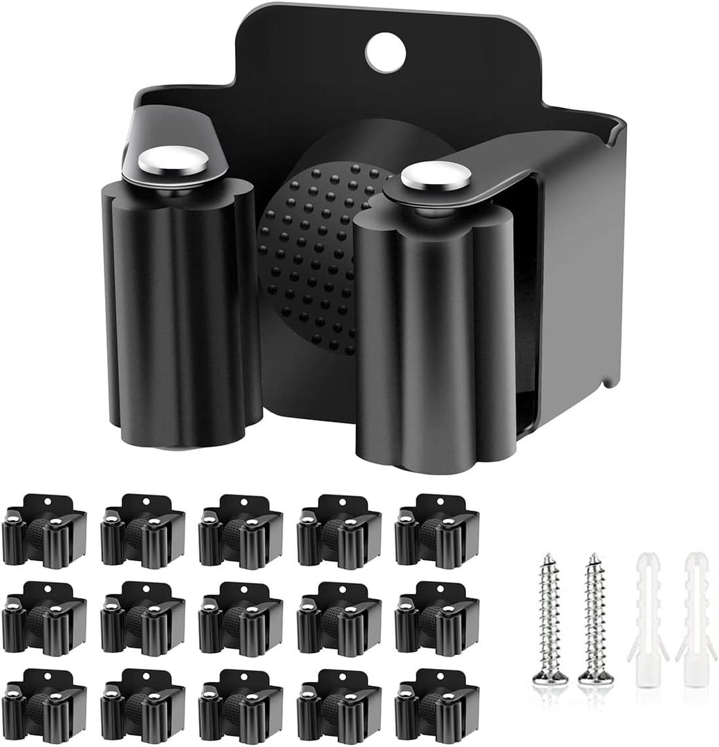 Verdenu 15 Pack Broom Holder Wall Mount, Mop and Broom Holder Wall Mount, Stainless Steel Command Mop Hanger with Screws, Garden Tool Storage Organizer for Kitchen, Home, Bathroom, Garage, Black