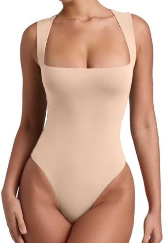 REORIA Butsmooth® Women’s Sexy Sleeveless Square Neck Double Lined Basic Bodysuit Tank Tops XL