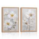 3 Pack Modern Framed White Daisy Floral Wall Art – Natural Beige Watercolor Wildflower Canvas Paintings – Elegant and Soft Floral Botanical Wall Decor for the Living Room
