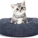 MIXJOY Calming Cat Beds for Indoor Cats, 20'' Kitten Donut Beds for Pet Up to 15lbs, Fluffy Small Cat Cuddler, Anti-Anxiety Plush Faux Fur Large Pet Bed Washable (20'', Grey-Blue)