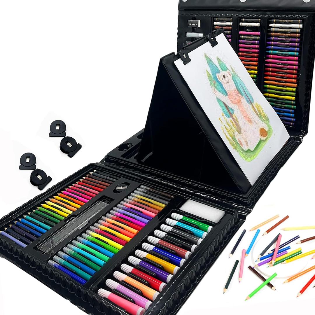 DLUCKY 208 PCS Art Supplies, Drawing Art Kit Adults Art Set with Double Sided Trifold Easel, Oil Pastels, Crayons, Colored Pencils, Watercolor Pens Gift for Girls Boys Artist,Black