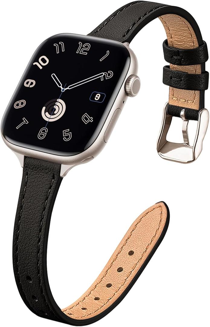 STIROLL Slim Leather Bands Compatible with Apple Watch Band 38mm 40mm 41mm 42mm(Series 11 10), Top Grain Leather Watch Thin Wristband for iWatch SE 9 8 7 6 5 4 3 2 1 (Black Starlight)