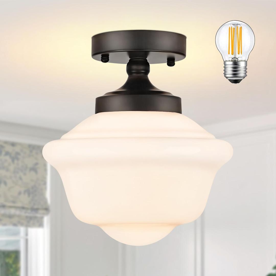 Bagood 8" Schoolhouse Light Fixtures Ceiling Black Schoolhouse Lights Fixture Mid Century Light Fixtures Milk Glass Lights Fixture Semi Flush Mount Ceiling for Bathroom Kitchen (Bulb Incl.)