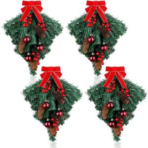 Hiboom 4 Pcs Christmas Teardrop Swag Ornament Christmas Swags Xmas Teardrop Artificial Berry Clusters Pine Cone Decorative Props Pendant with Red Bow for Indoor Outdoor Wall Door Hanging Decor
