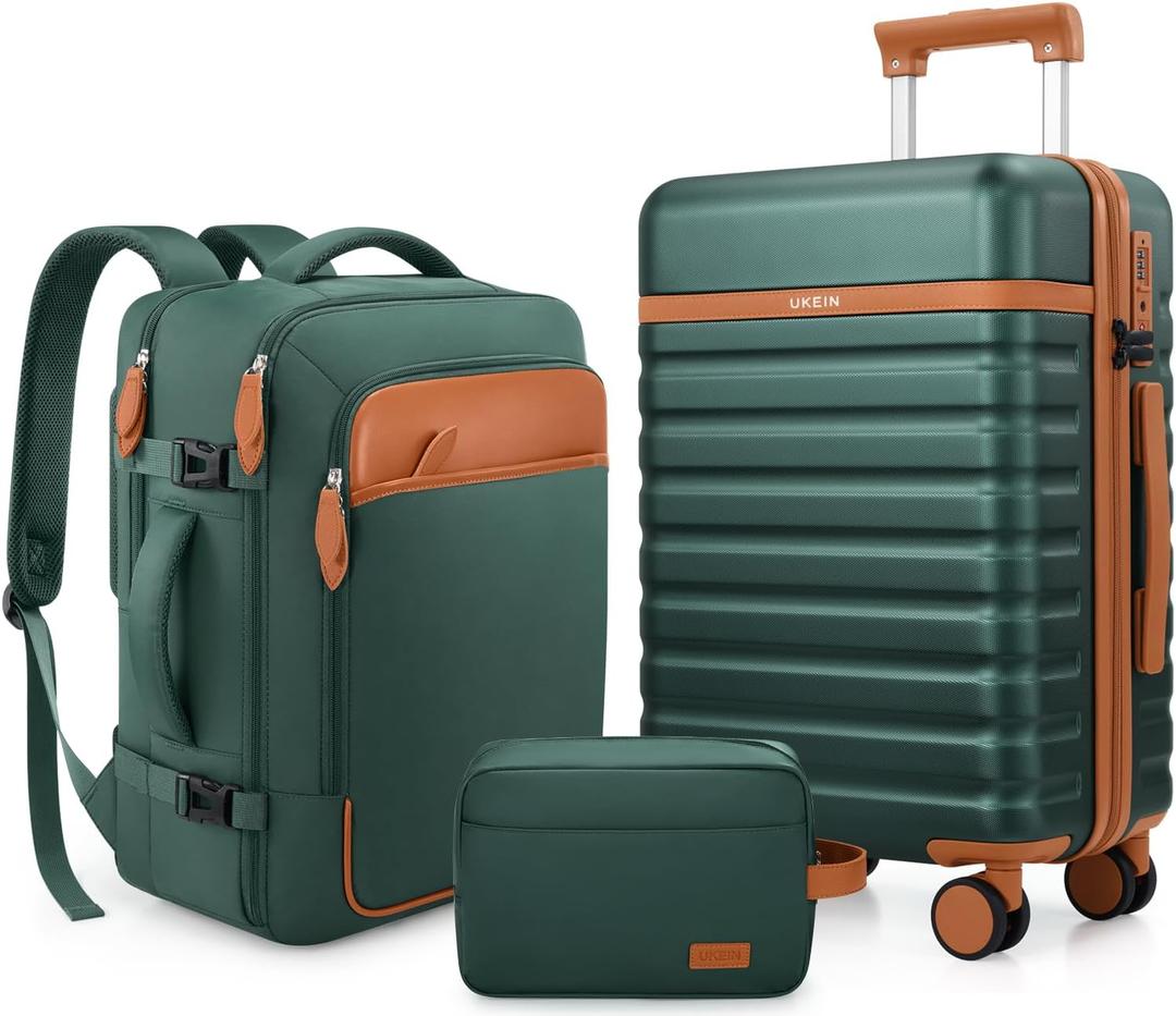 UKEIN Luggage Sets 3 Piece, Carry On Luggage 20In With Spinner Wheels,PC Hardside Suitcase Set with TSA Lock,Durable Carry On Suitcase With Travel Backpack for Men (Green, 1 piece set (20inch))